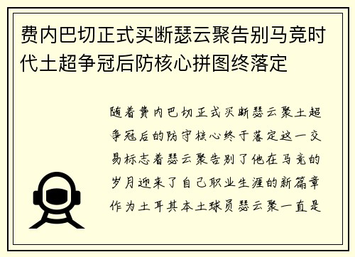费内巴切正式买断瑟云聚告别马竞时代土超争冠后防核心拼图终落定